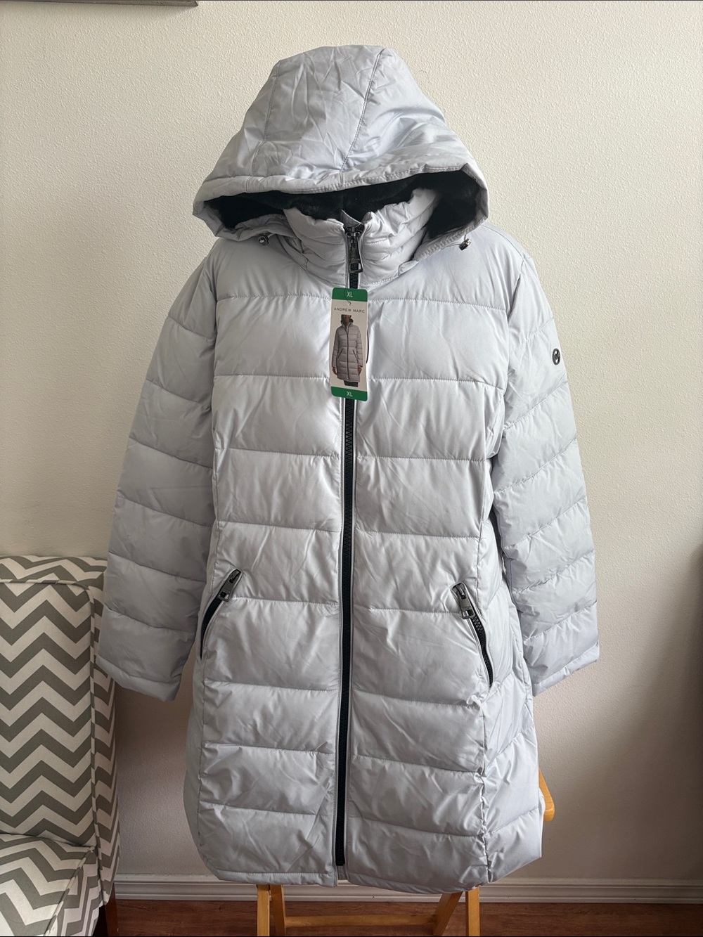 Andrew Marc NWT Light Gray Women's Quilted Long Puffer Coat with Hood Size XL